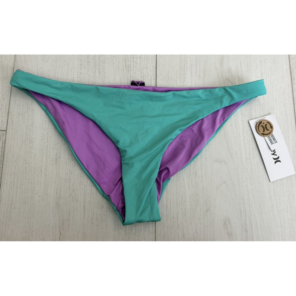 NWT Hurley Solid Rvsb Moderate Bikini Bottom Sz M Green / Purple Reversible
